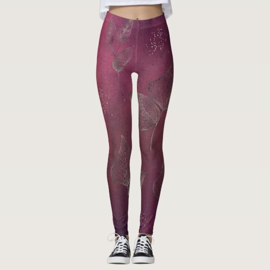 Cranberry & Imitate Silberne Blätter Leggings (Vorderseite)
