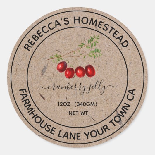 Cranberry Jelly Kraft Paper Canning Jar Labels Runder Aufkleber (Vorderseite)