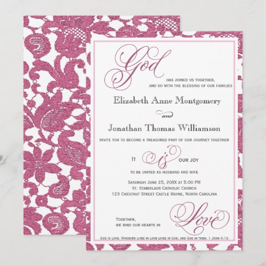 Cranberry Lace Religious Wedding Einladung (Vorne/Hinten)
