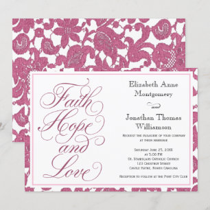 Cranberry Lace Script Faith Hope & Liebe Wedding Einladung