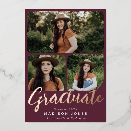 Cranberry Modern Script 4 Fotos Graduiertenparty Folieneinladung (Vorderseite)