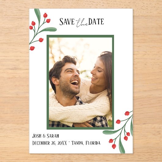 Cranberry Photo Holiday Save the Date Invitation  Acryleinladungen (Vorderseite)