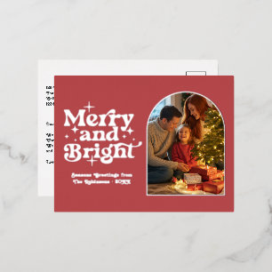 Cranberry Red and Silver Merry & Bright Retro Xmas Folien Feiertagspostkarte