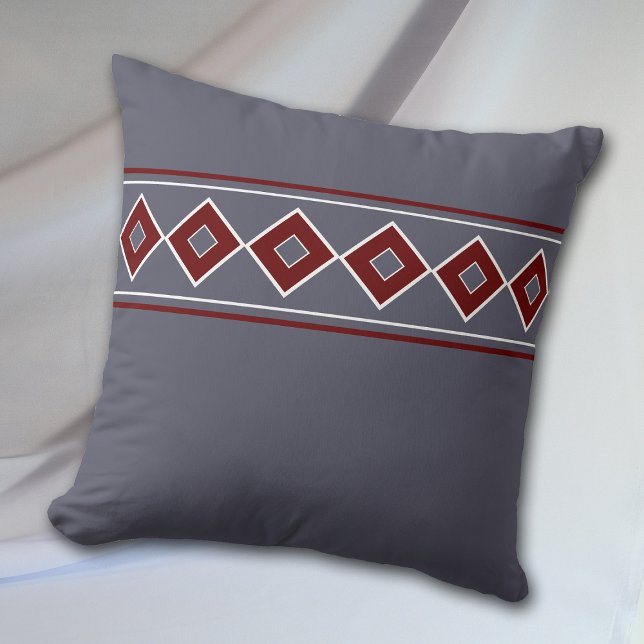 Cranberry Red Geometric Diamond Border Grau Kissen (Von Creator hochgeladen)