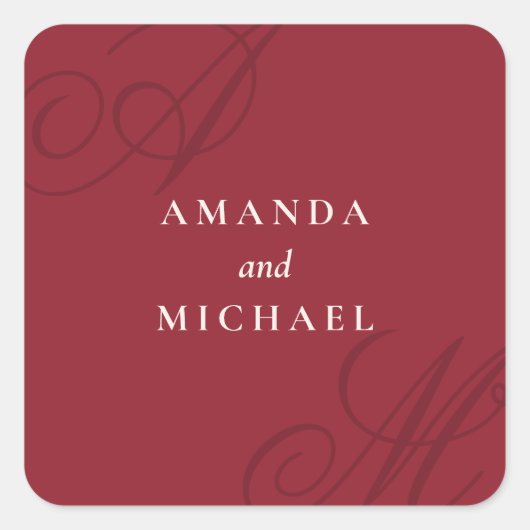 Cranberry Red Modern Edge Elegante Monogram Weddin Quadratischer Aufkleber (Vorderseite)
