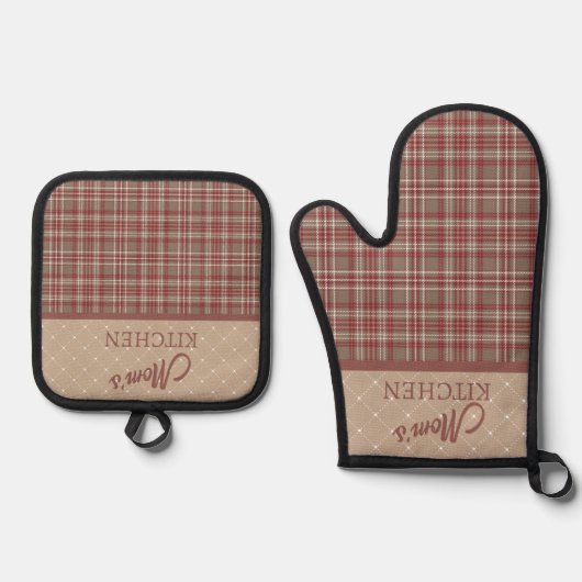 Cranberry Red, White and Tan Ofenhandschuh & Topflappen-Set (Vorderseite)