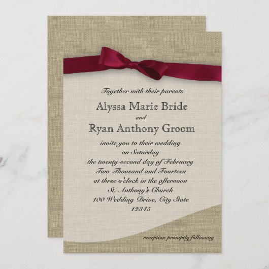 Cranberry Ribbon and Burlap Wedding Einladung (Vorne/Hinten)