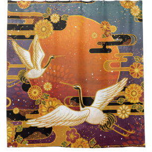 Crane Bird Chrysanthemum Japanisches Muster Duschvorhang