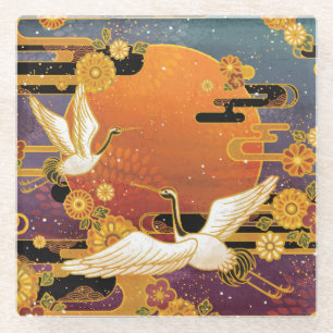 Crane Bird Chrysanthemum Japanisches Muster Glasuntersetzer