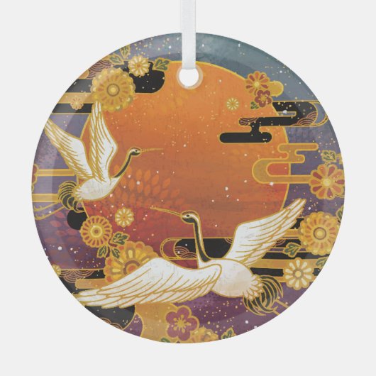 Crane Bird Chrysanthemum Japanisches Muster Ornament Aus Glas (Vorderseite)