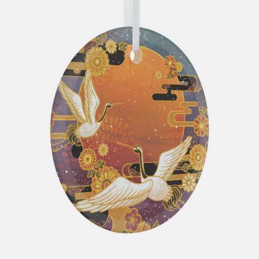 Crane Bird Chrysanthemum Japanisches Muster Ornament Aus Glas (Vorderseite Rechts)