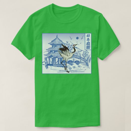 Crane Bird Temple Sakura Tree Cherry Blos T-Shirt (Design vorne)