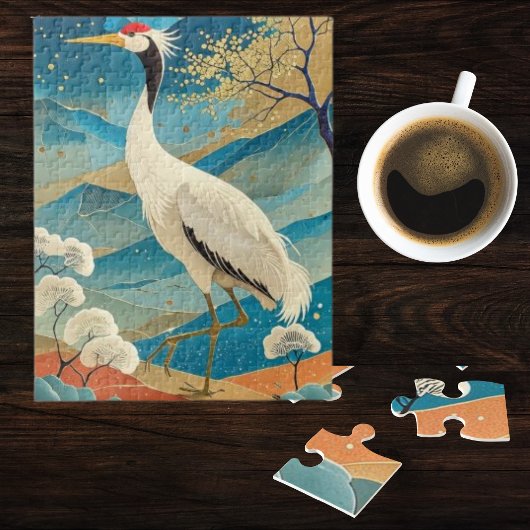 Crane Bird with Mountains and Fall Trees Japanese Puzzle