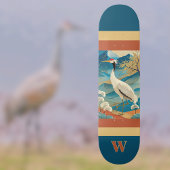 Crane Bird with Mountains and Fall Trees Japanese Skateboard