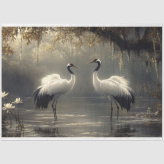 Crane Pair in einem Misty-Marsh-Dekoupage Seidenpapier