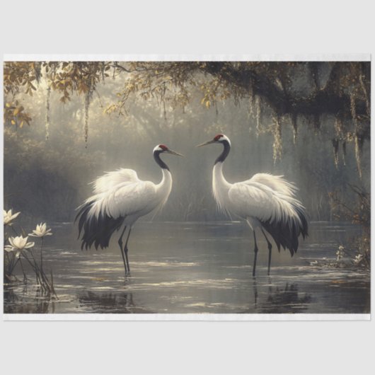 Crane Pair in einem Misty-Marsh-Dekoupage Seidenpapier (Vorderseite)