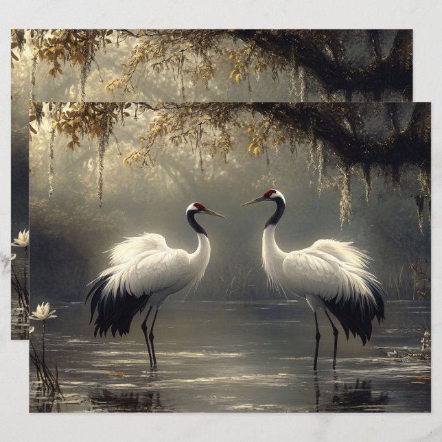 Crane Pair in einem Misty Marsh Scrapbook (Vorne/Hinten)