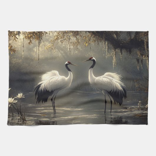 Crane Pair in einem Misty-Sumpf Geschirrtuch (Horizontal)