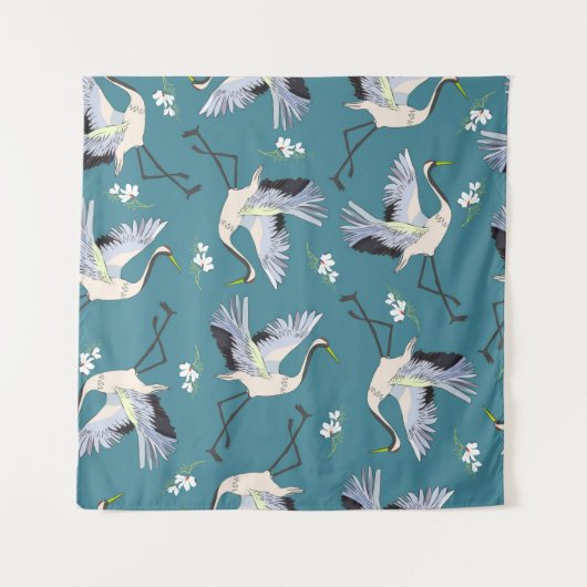 crane, pattern, illustration flying bird flower wandteppich (Vorderseite)