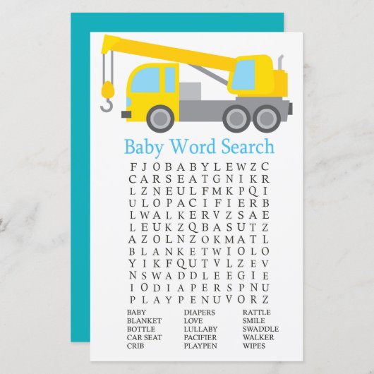 Crane Truck Baby Dusche Word Search Game (Vorne/Hinten)