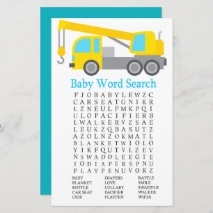 Crane Truck Baby Dusche Word Search Game