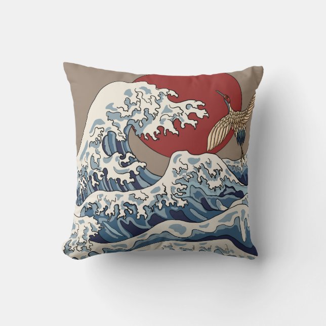Crane und japanische Wave Illustration Traditionel Kissen (Vorderseite)