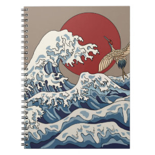 Crane und japanische Wave Illustration Traditionel Notizblock