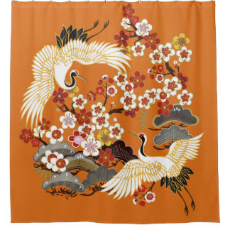 CRANES AND COLOR SAKURA. Colorful floral seamless  Duschvorhang