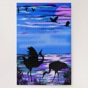 Cranes Bird bei Sunset Lake Jigsaw Puzzle