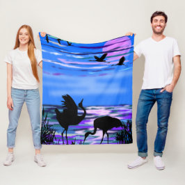Cranes Bird Couple Blue Fleece Blanket Liebe