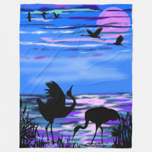 Cranes Birds Liebe Dance Fleece Blanket Lake Sunse