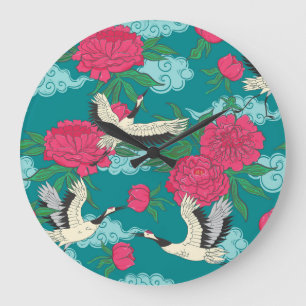 Cranes Peonies: Vintage Blumengrafiken Große Wanduhr