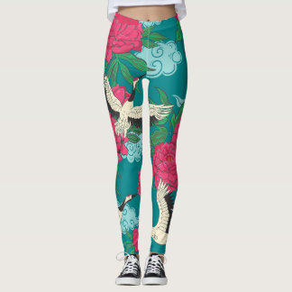 Cranes Peonies: Vintage Blumengrafiken Leggings