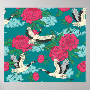 Cranes Peonies: Vintage Blumengrafiken Poster