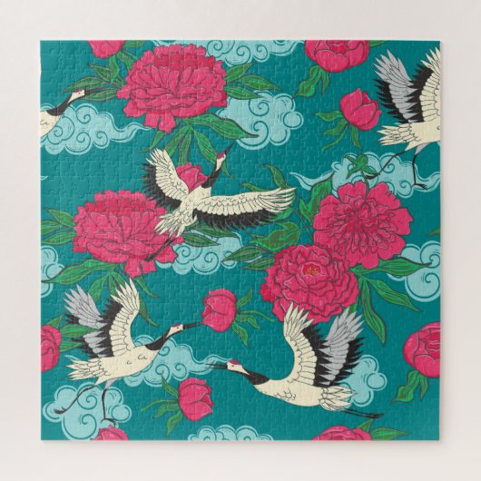 Cranes Peonies: Vintage Blumengrafiken Puzzle (Vertikal)