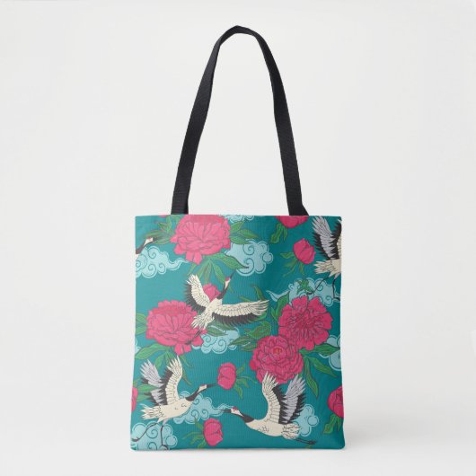 Cranes Peonies: Vintage Blumengrafiken Tasche (Vorderseite)