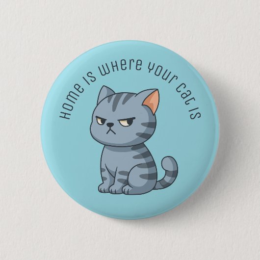 Cranky Grey Tabby Cat Custom Text Blue Button (Vorderseite)