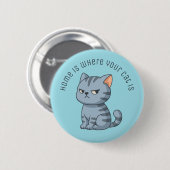 Cranky Grey Tabby Cat Custom Text Blue Button (Vorne & Hinten)