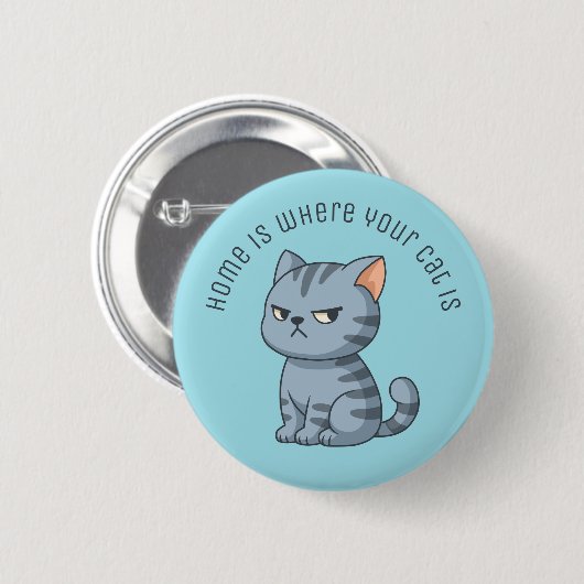 Cranky Grey Tabby Cat Custom Text Blue Button (Vorne & Hinten)