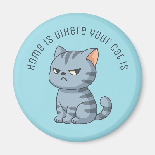 Cranky Grey Tabby Cat Custom Text Blue Magnet (Vorne)