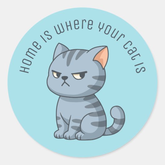 Cranky Grey Tabby Cat Custom Text Blue Runder Aufkleber (Vorderseite)