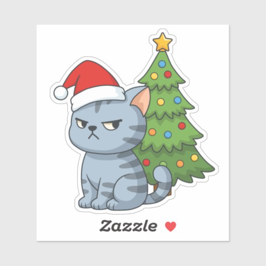 Cranky Grey Tabby Cat Red Hat Christmas Tree Aufkleber (Blatt)