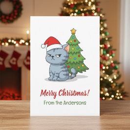 Cranky Grey Tabby Cat Red Hat Christmas Tree Feiertagskarte