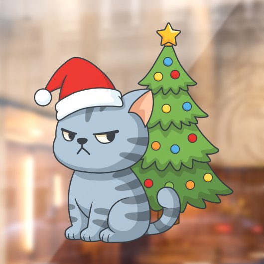 Cranky Grey Tabby Cat Red Hat Christmas Tree Fensteraufkleber (Blatt 2)
