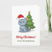 Cranky Grey Tabby Cat Red Hat Christmas Tree Karte (Vorderseite)