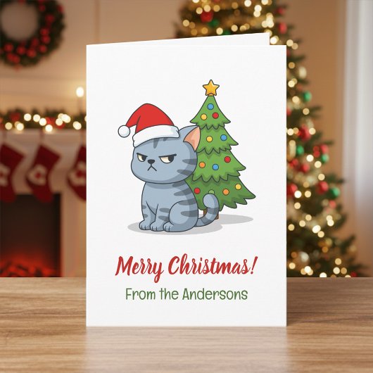 Cranky Grey Tabby Cat Red Hat Christmas Tree Karte