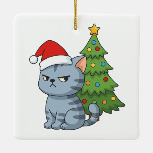 Cranky Grey Tabby Cat Red Hat Christmas Tree Keramikornament (Rückseite)