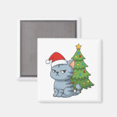 Cranky Grey Tabby Cat Red Hat Christmas Tree Magnet (Vorderseite/Rückseite)