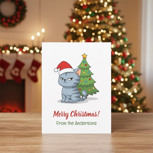 Cranky Grey Tabby Cat Red Hat Christmas Tree Postkarte