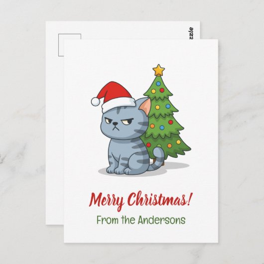 Cranky Grey Tabby Cat Red Hat Christmas Tree Postkarte (Vorne/Hinten)
